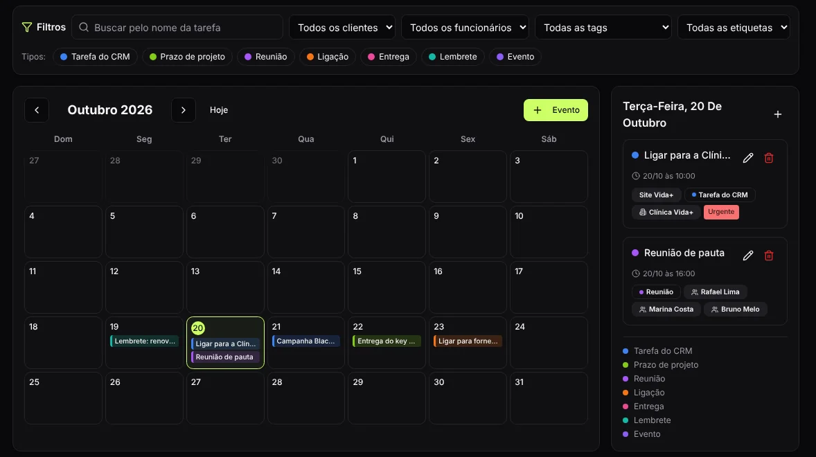 Calendário do mês com filtros e eventos coloridos por tipo