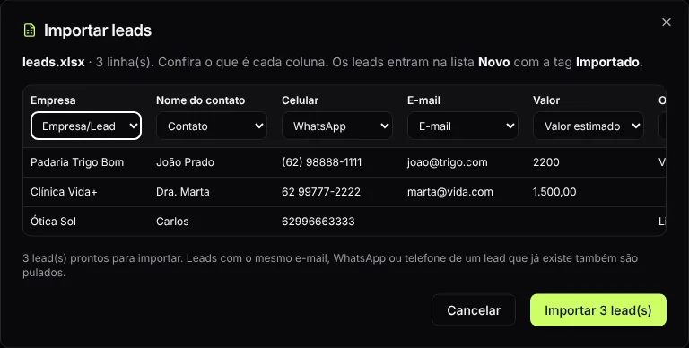 Prévia da importação de leads por planilha