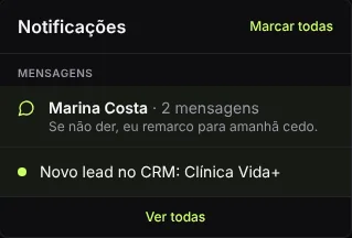 Notificações do sistema: mensagem da equipe e novo lead no CRM