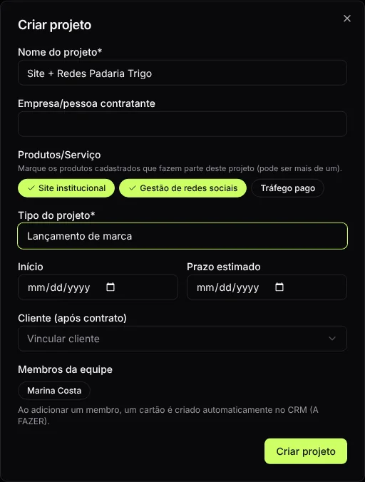 Formulário de novo projeto