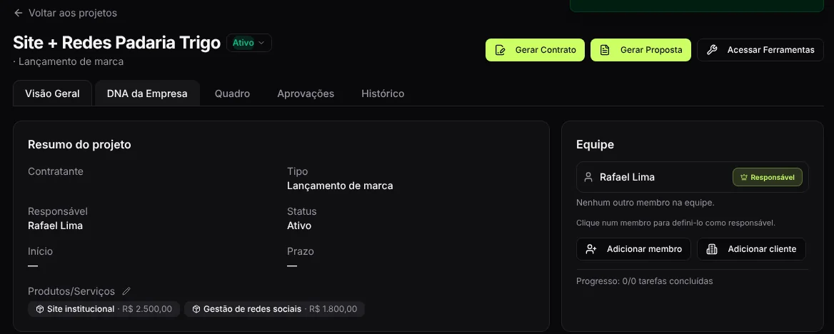 Resumo do projeto com produtos e serviços, equipe e botões de contrato e proposta